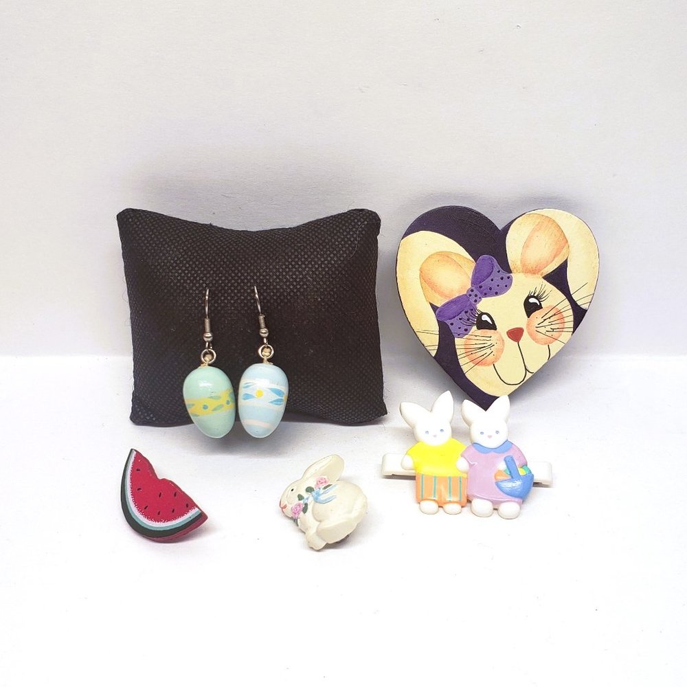 Easter Jewelry Lot x5 Earrings Pin Barrette Bunny Rabbit Watermelon Egg Hallmark